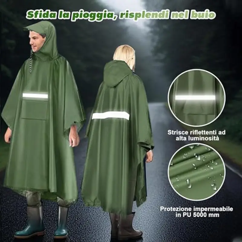 Vankarr Poncho Antipioggia Impermeabile con Maniche Tasca e Riflettore Mantella Antipioggia per Adulti Unisex Portatile Poncho Pioggia per Uomo Donna Trekking Campeggio (Verde) miniatura 3