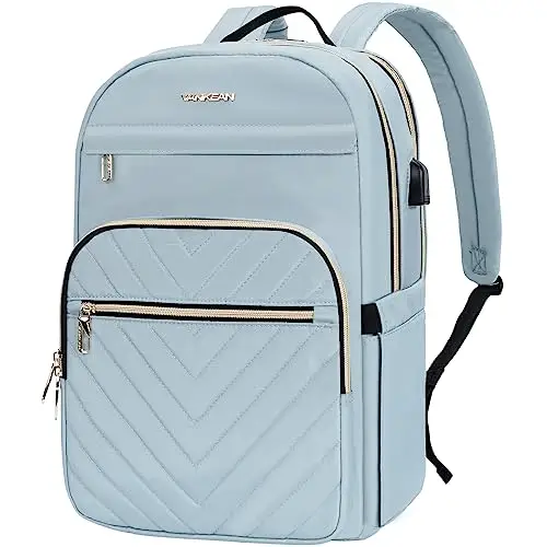 VANKEAN Zaino per computer portatile, da donna, elegante, con porta USB, Trapuntato Azzurro, 15.6 inch, Zaini Daypack