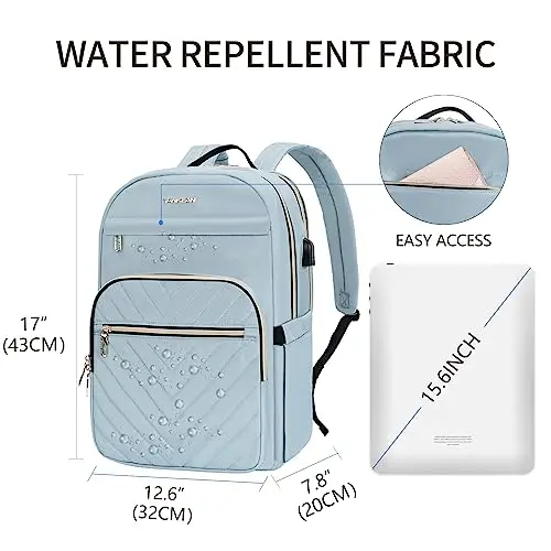 VANKEAN Zaino per computer portatile, da donna, elegante, con porta USB, Trapuntato Azzurro, 15.6 inch, Zaini Daypack miniatura 2