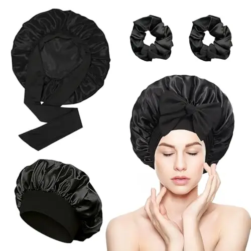 vaolmlop 2 pezzi Cuffia Seta Capelli Notte,Silk Bonnet,Con Nastri Regolabili,Berretto Da Notte Raso Elastico Per