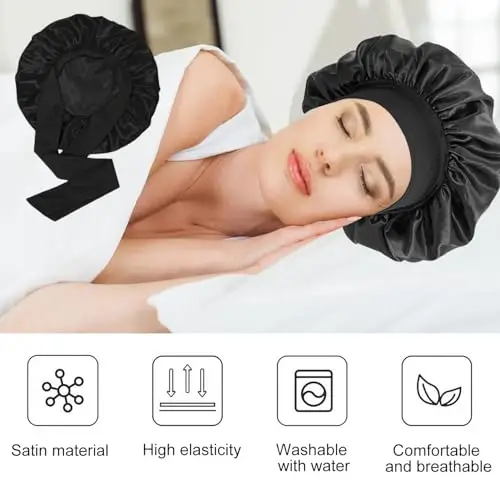 vaolmlop 2 pezzi Cuffia Seta Capelli Notte, Silk Bonnet, Con Nastri Regolabili, Berretto Da Notte Raso Elastico Per miniatura 3