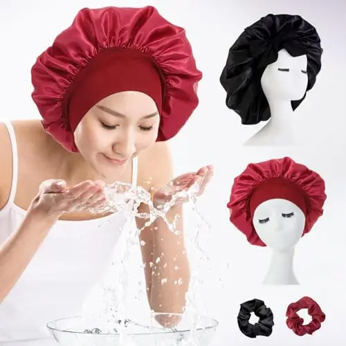 vaolmlop 2 pezzi Cuffia Seta Capelli Notte, Silk Bonnet, Con Nastri Regolabili, Berretto Da Notte Raso Elastico Per miniatura 2