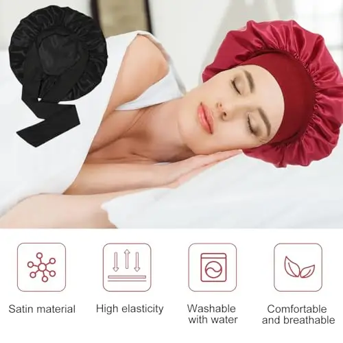 vaolmlop 2 pezzi Cuffia Seta Capelli Notte, Silk Bonnet, Con Nastri Regolabili, Berretto Da Notte Raso Elastico Per miniatura 3