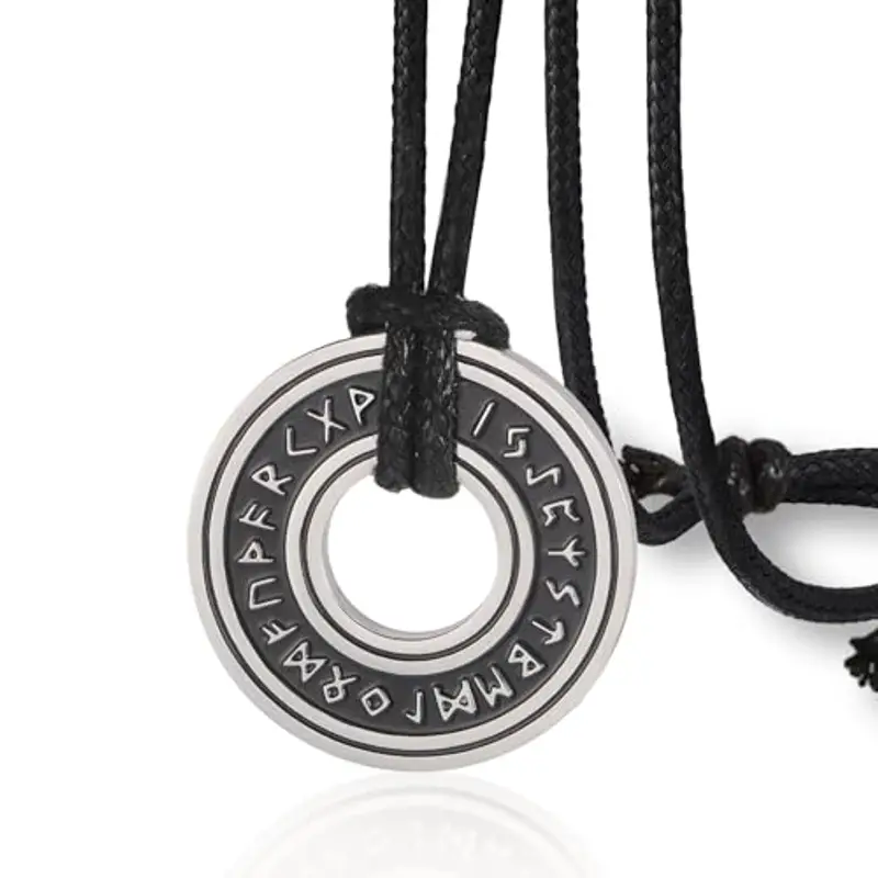 VASSAGO Collana vintage con rune vichinghe norrene, Corsair Runic Elder Futhark anello cerchio talismano ciondolo catena in pelle, gioielli regalo vichinghi per uomini e donne
