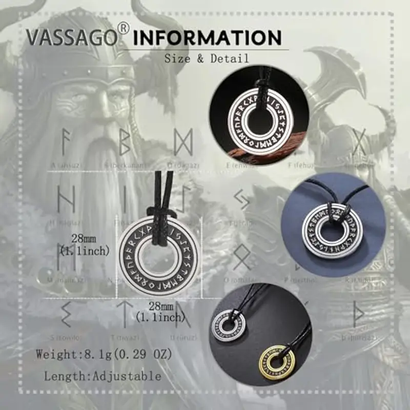 VASSAGO Collana vintage con rune vichinghe norrene, Corsair Runic Elder Futhark anello cerchio talismano ciondolo catena in pelle, gioielli regalo vichinghi per uomini e donne miniatura 3