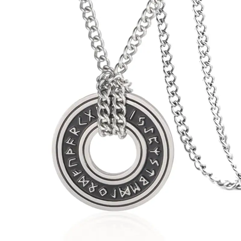 VASSAGO Collana Vintage con Rune vichinghe norrene, Corsair Runic Elder Futhark Anello Cerchio Talismano Ciondolo Catena in Pelle, Gioielli Regalo Vichinghi per Uomini e Donne