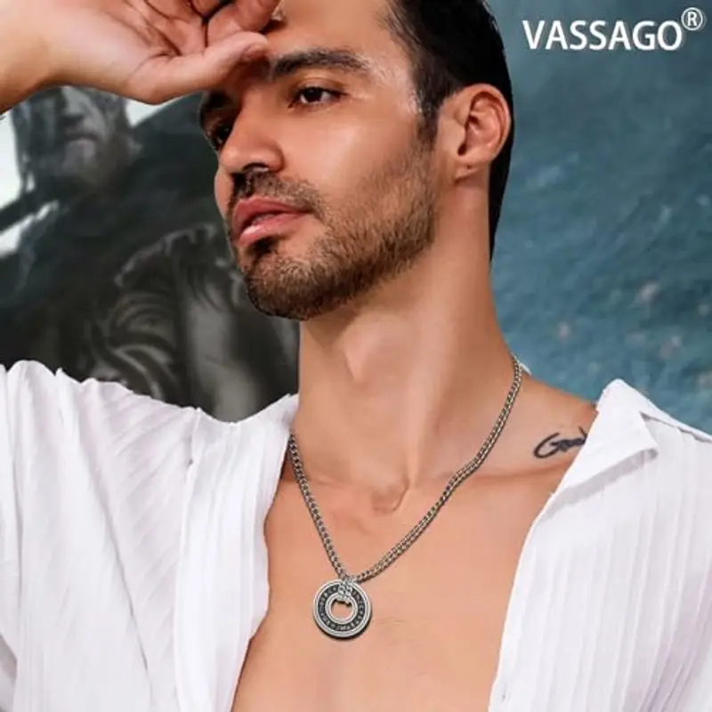 VASSAGO Collana Vintage con Rune vichinghe norrene, Corsair Runic Elder Futhark Anello Cerchio Talismano Ciondolo Catena in Pelle, Gioielli Regalo Vichinghi per Uomini e Donne miniatura 2