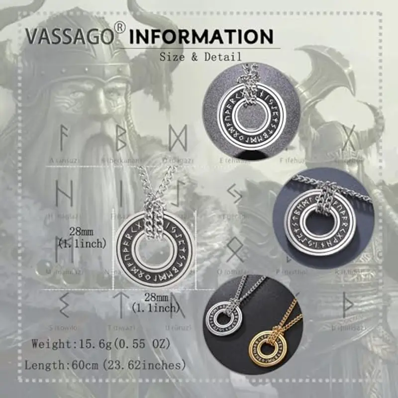 VASSAGO Collana Vintage con Rune vichinghe norrene, Corsair Runic Elder Futhark Anello Cerchio Talismano Ciondolo Catena in Pelle, Gioielli Regalo Vichinghi per Uomini e Donne miniatura 3