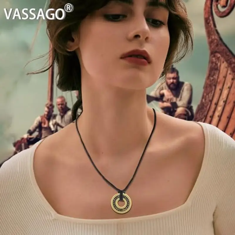 VASSAGO Collana vintage con rune vichinghe norrene, Corsair Runic Elder Futhark anello cerchio talismano ciondolo catena in pelle, gioielli regalo vichinghi per uomini e donne miniatura 2