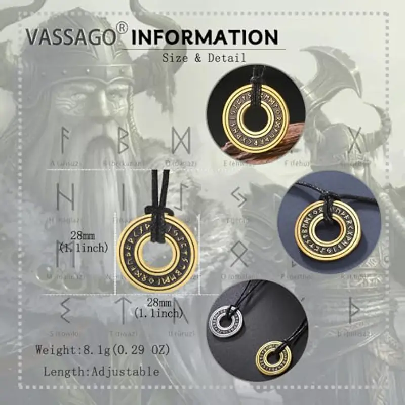 VASSAGO Collana vintage con rune vichinghe norrene, Corsair Runic Elder Futhark anello cerchio talismano ciondolo catena in pelle, gioielli regalo vichinghi per uomini e donne miniatura 3