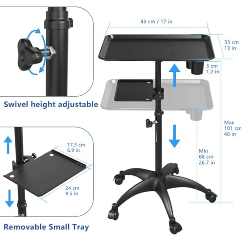 Vassoio di parrucchiere, Carrello per vassoi da salone con piattaforma portaoggetti, vassoio per tatuaggi in alluminio con carrello a ruote regolabile in altezza miniatura 2
