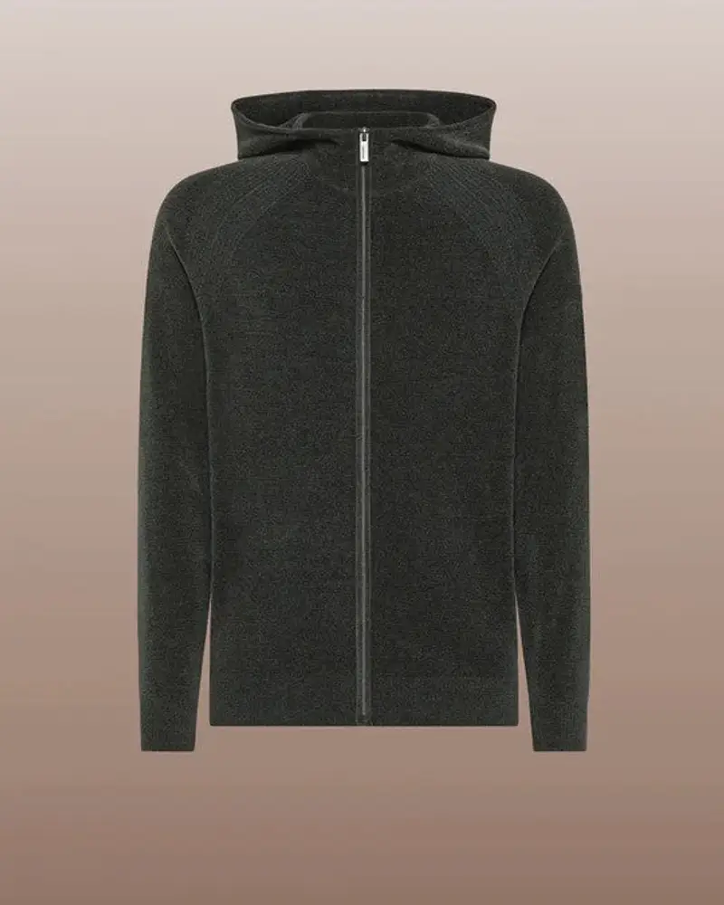 Velvet Hood Zip Knit Asfalto