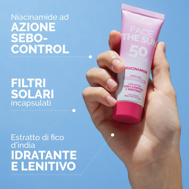 Solari FACE THE SUN NIACINAMIDE - Crema viso SPF50 con attivi sebo-control e idratanti - Protezione solare viso miniatura 3