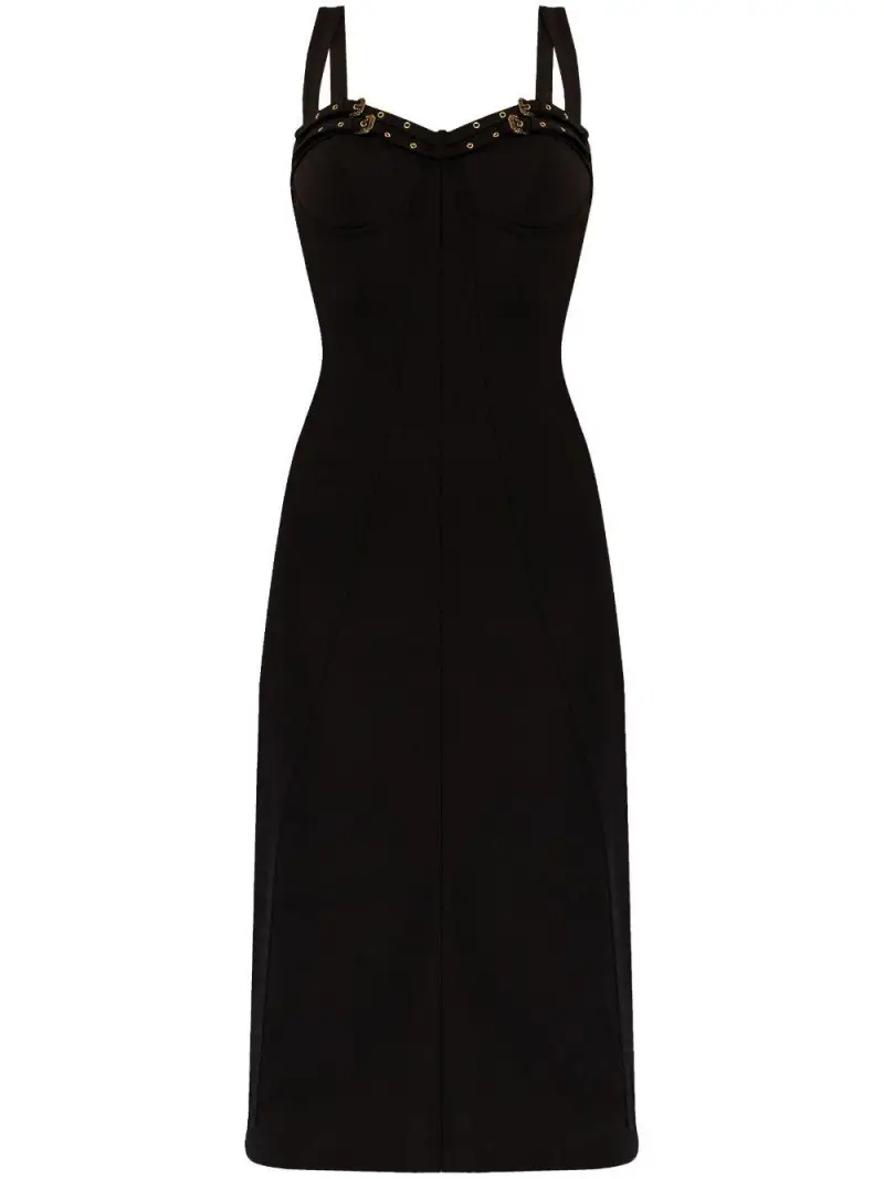 Abito midi scollo fibbie e occhielli Nero