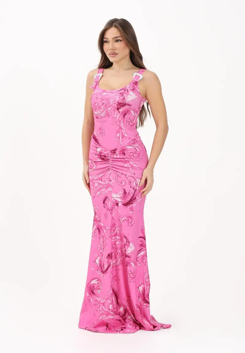 Abito lungo fucsia da donna con stampa Wave Couture