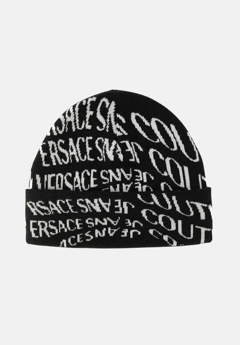 Berretto di lana nero da uomo con fantasia logo