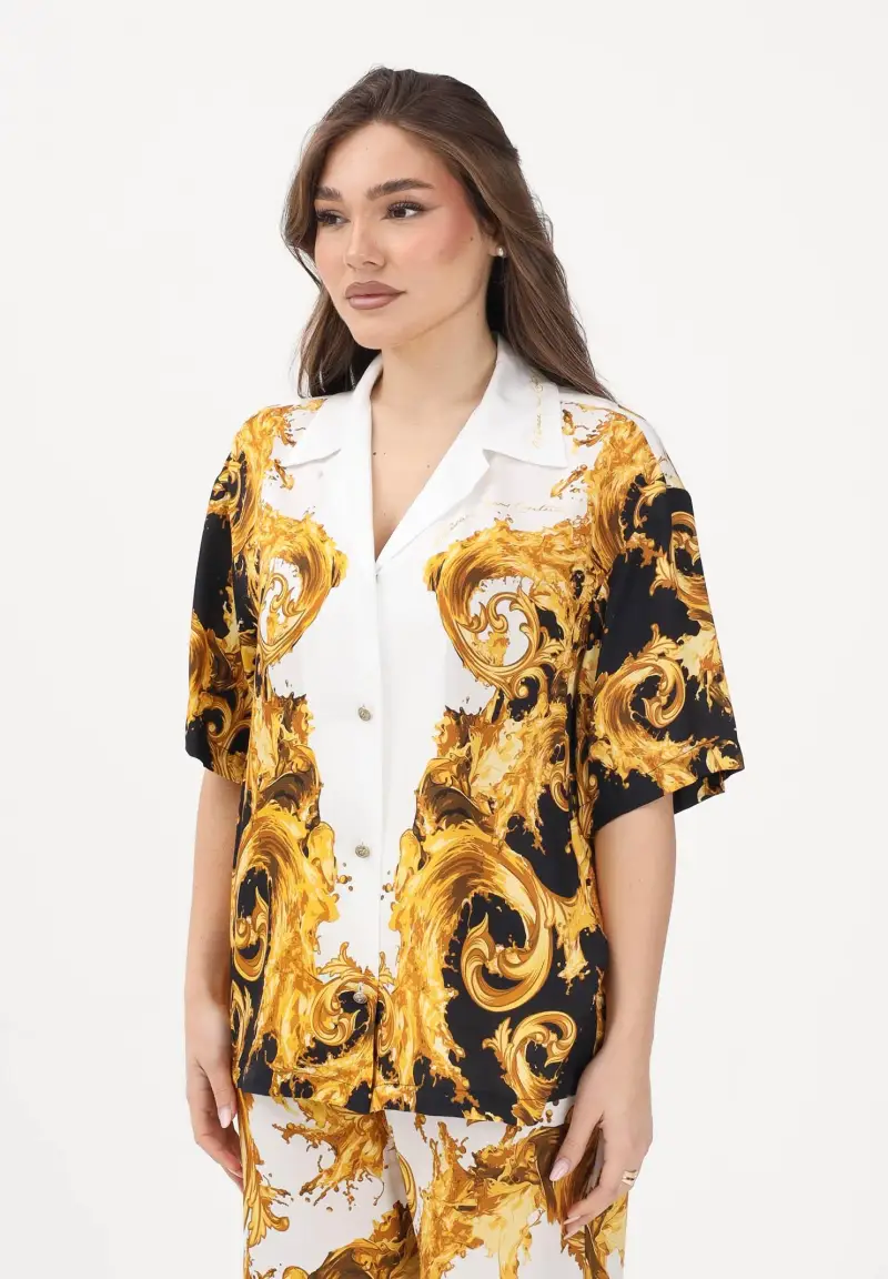 Camicia a manica corta bianca e nera da donna con stampa Wave Couture oro