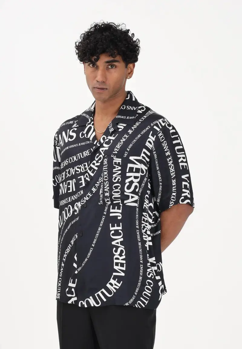 Camicia a manica corta nera da uomo con stampa Logomania all-over miniatura 2