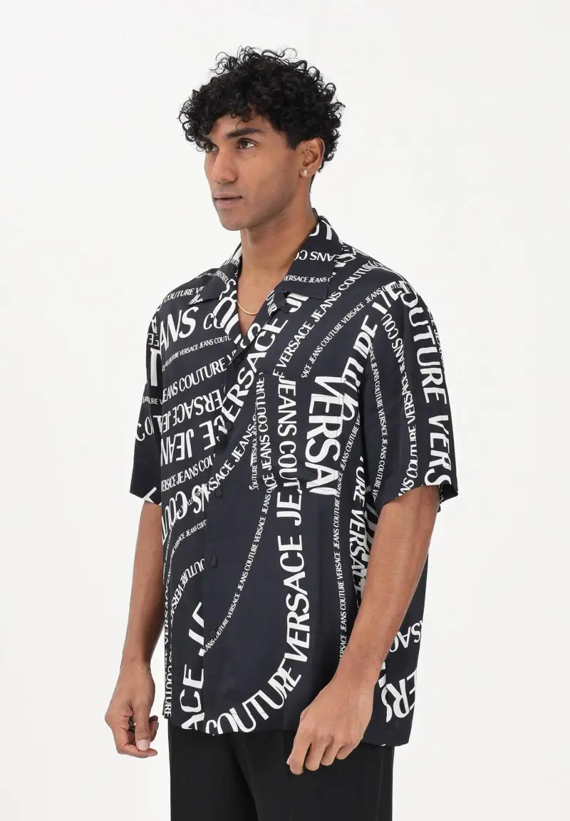 Camicia a manica corta nera da uomo con stampa Logomania all-over