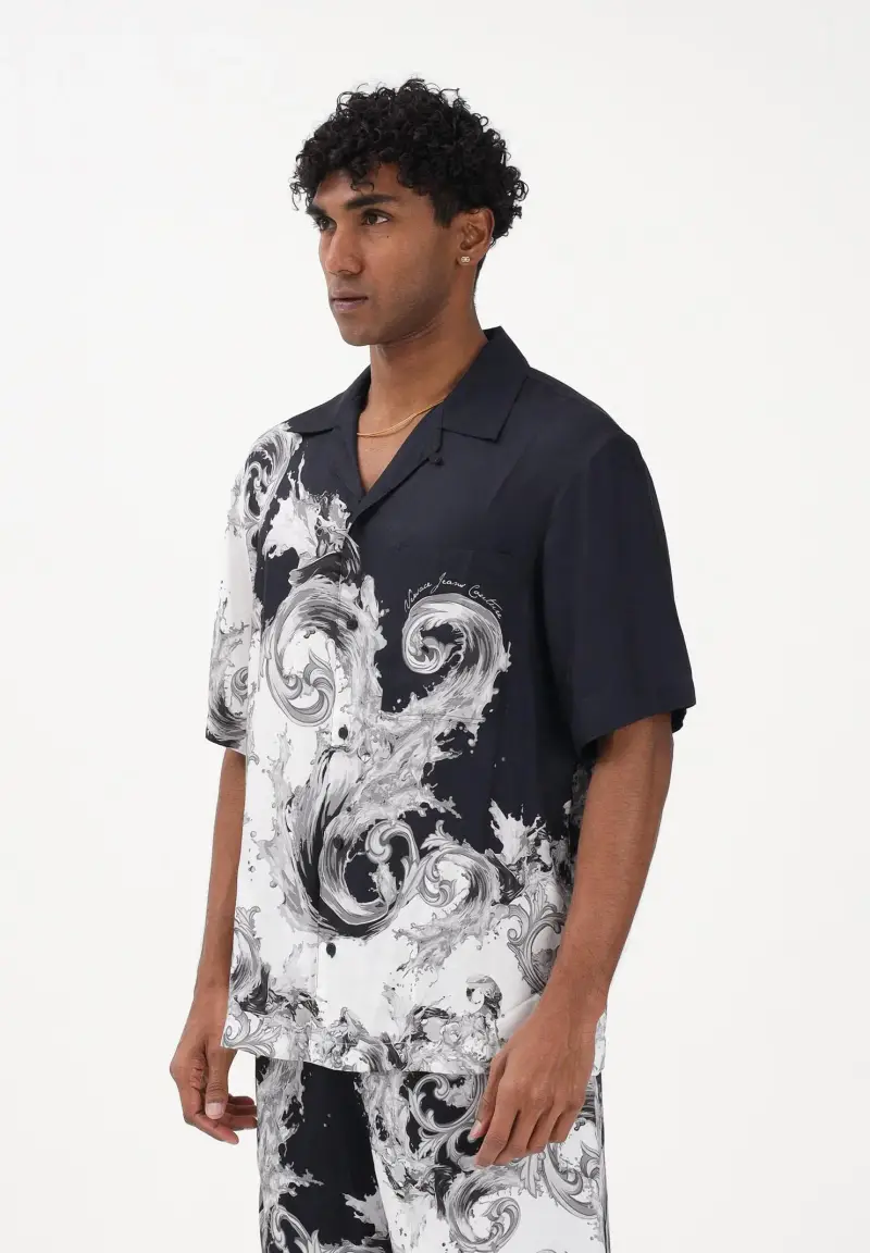 Camicia a manica corta nera da uomo con stampa "Wave Couture"