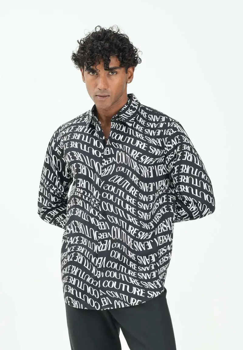Camicia a manica lunga nera da uomo con stampa Liquify Logomania all-over miniatura 2