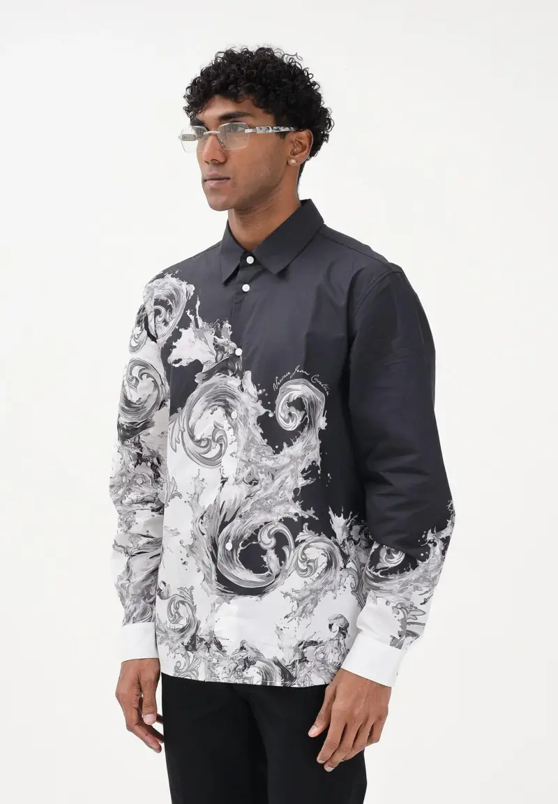 Camicia a manica lunga nera da uomo con stampa "Wave Couture"