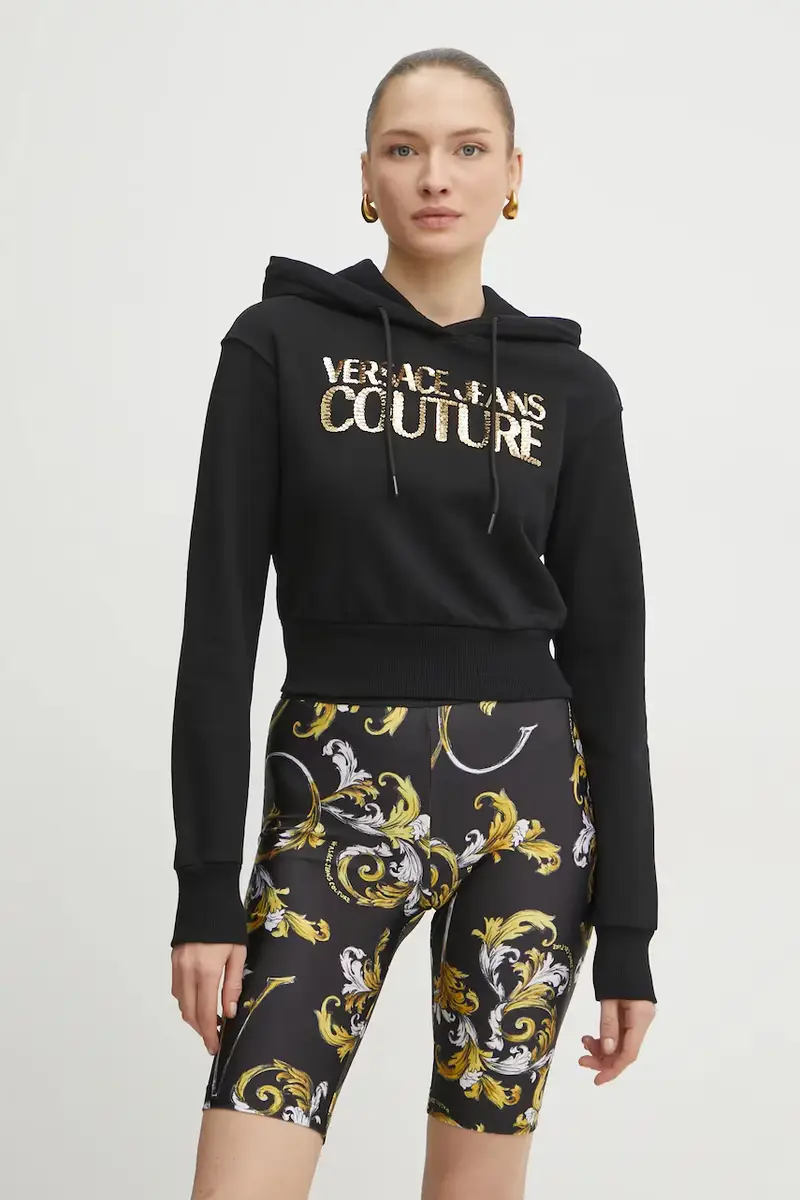 felpa in cotone donna colore nero con cappuccio con applicazione 78HAIE00 CF00E