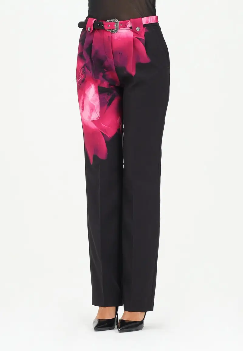 Pantalone elegante nero da donna con stampa fiore