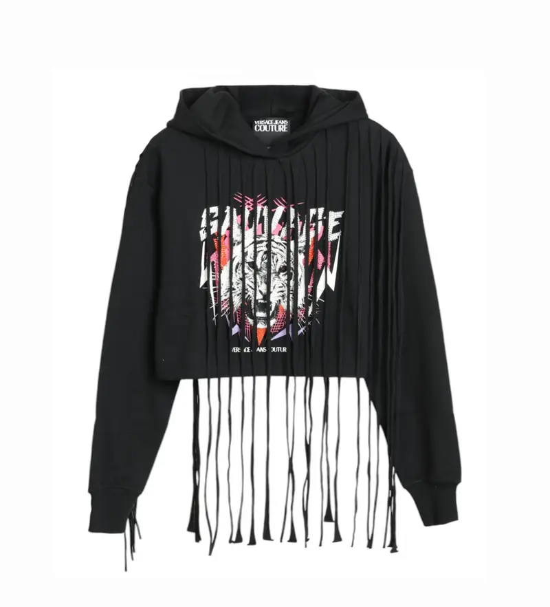 per donna 78HAIE01-CF00E Felpa nera con frange (S), Nero, Casual, Cotone