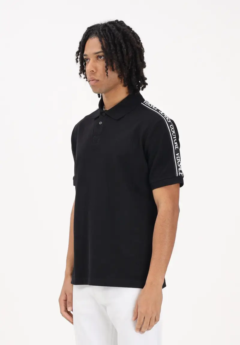 Polo a manica corta nera da uomo con spalle logate