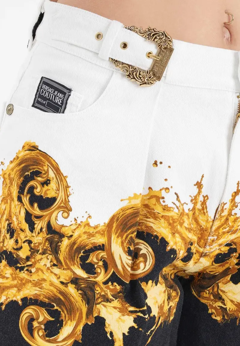 Shorts in denim bianco e nero da donna con fantasia Wave Couture oro miniatura 3