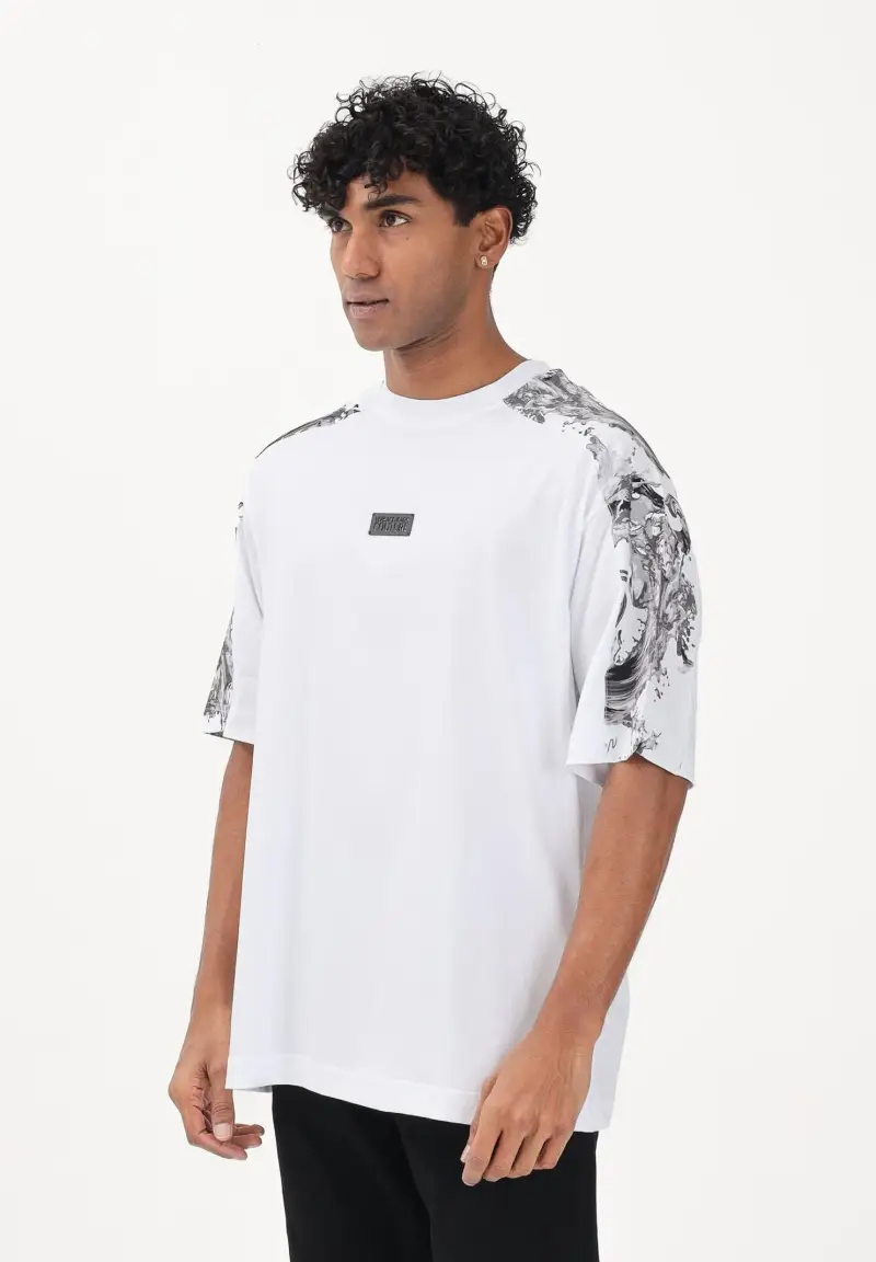 T-shirt a manica corta bianca da uomo con inserti con stampa Wave Couture