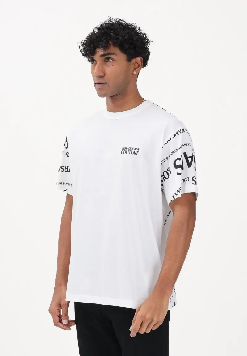 T-shirt a manica corta bianca da uomo con stampa Logomania su maniche e retro