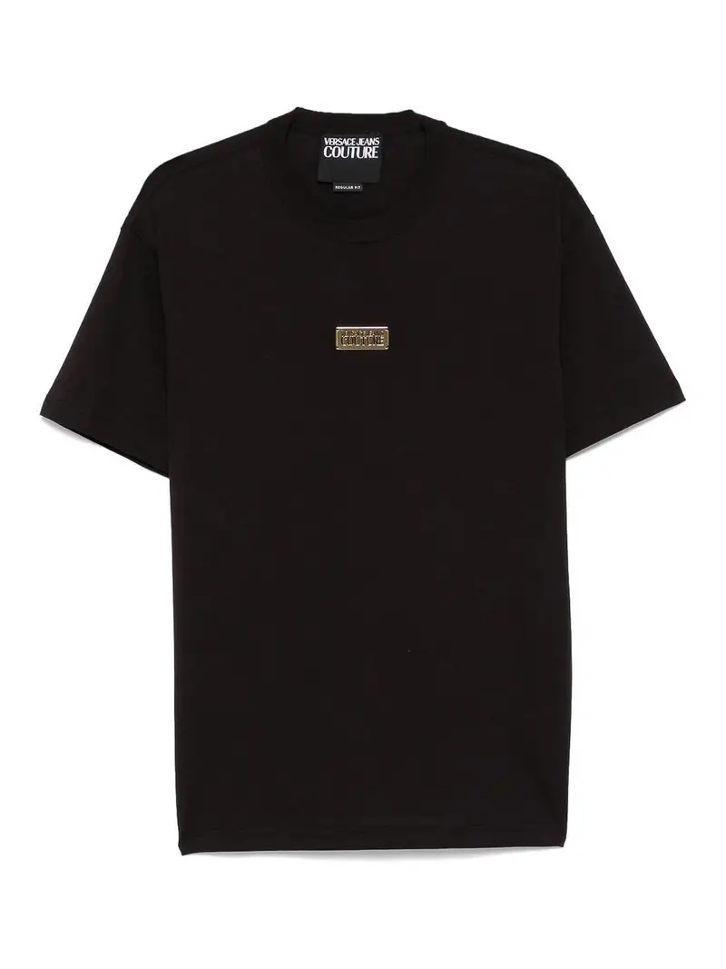 T-shirt nera con etichetta logo d oro Nero