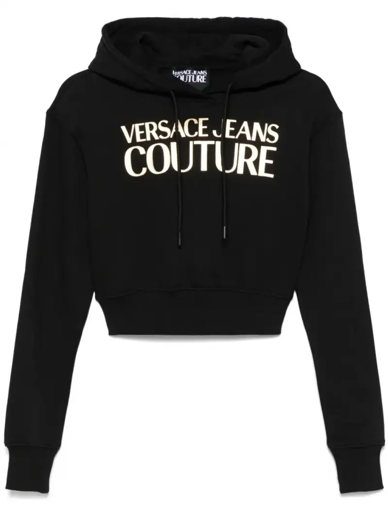 felpa cropped con cappuccio in cotone nero logo oro