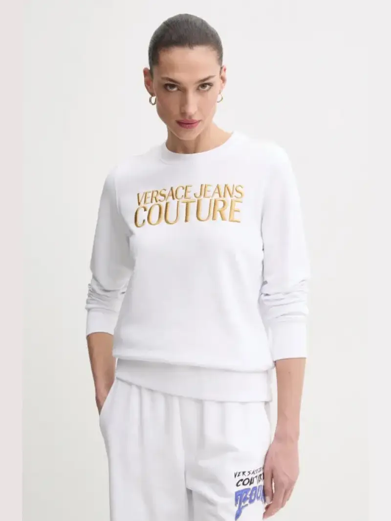 felpa girocollo bianca con ricamo logo oro