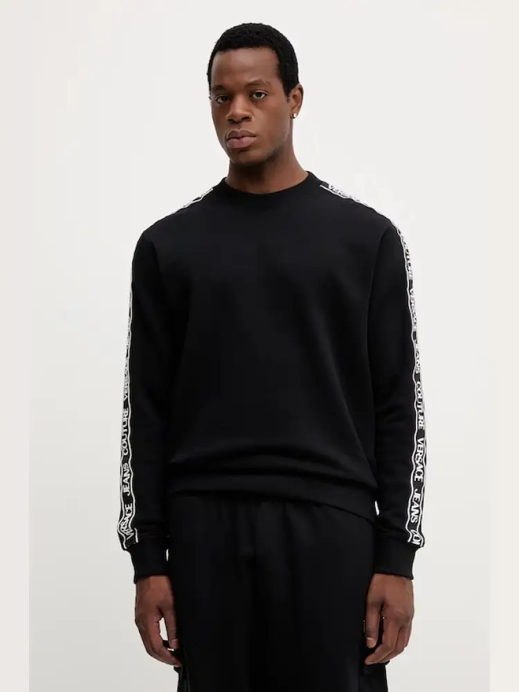 felpa in cotone felpato nero con banda logo laterale