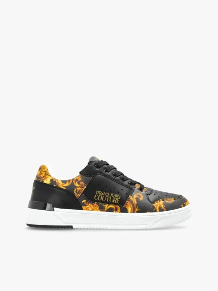sneakers court in ecopelle nera stampa barocco oro