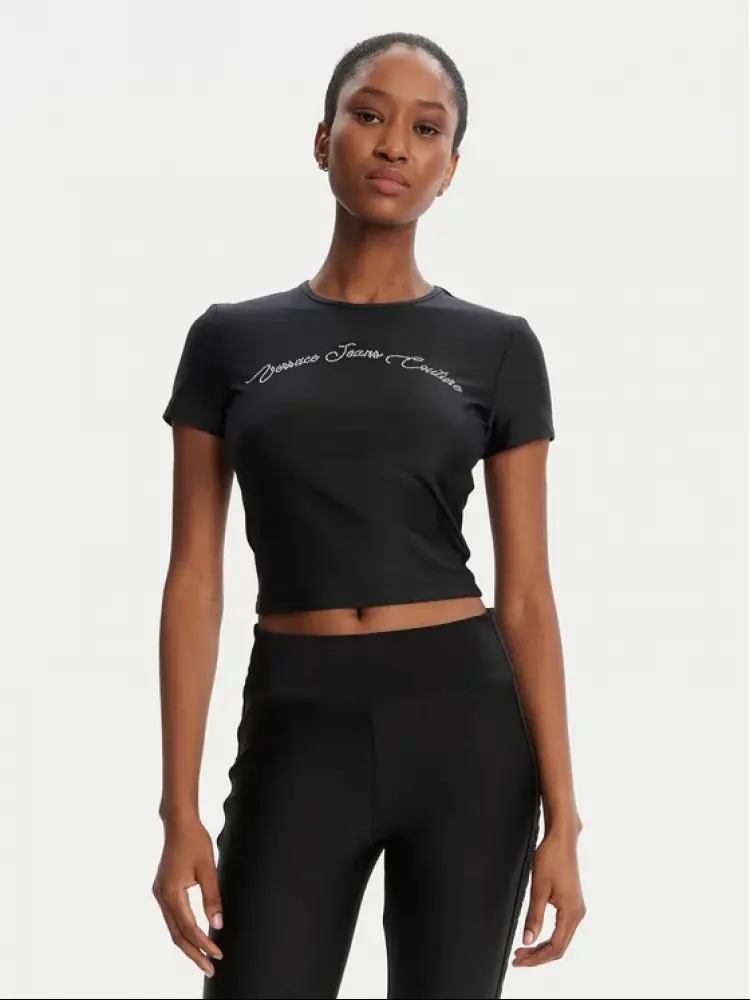 t-shirt crop nera con logo strass