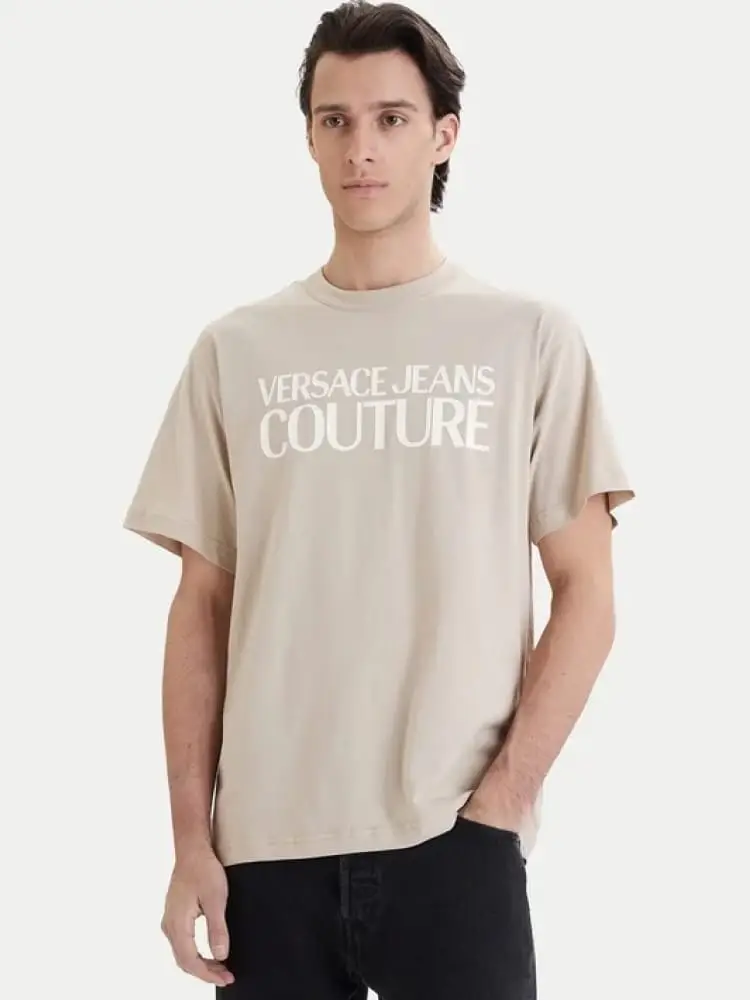 tshirt beige con logo lettering bianco