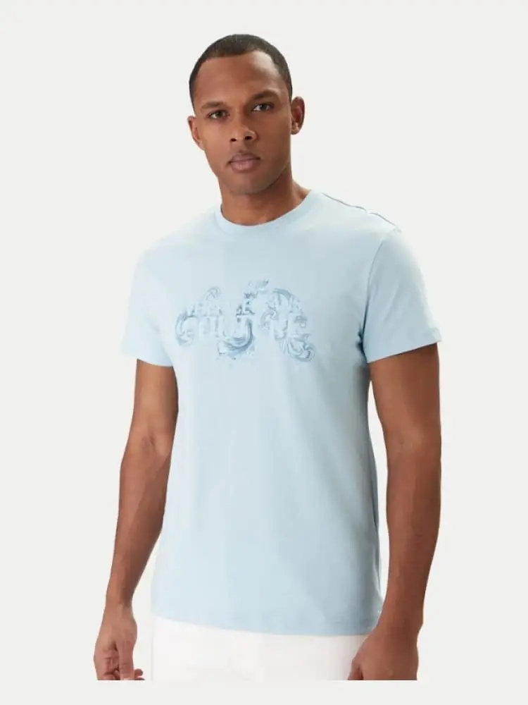 tshirt celeste girocollo con logo lettering davanti