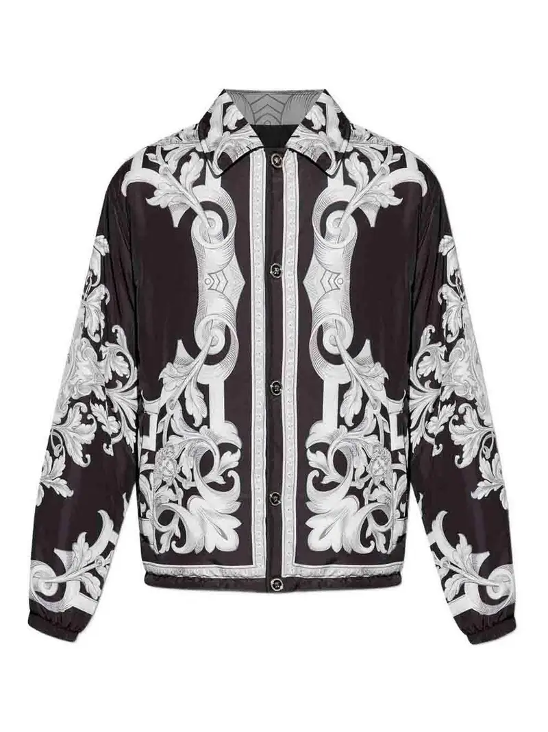 Reversible Black Jacket With Baroque Print Argento