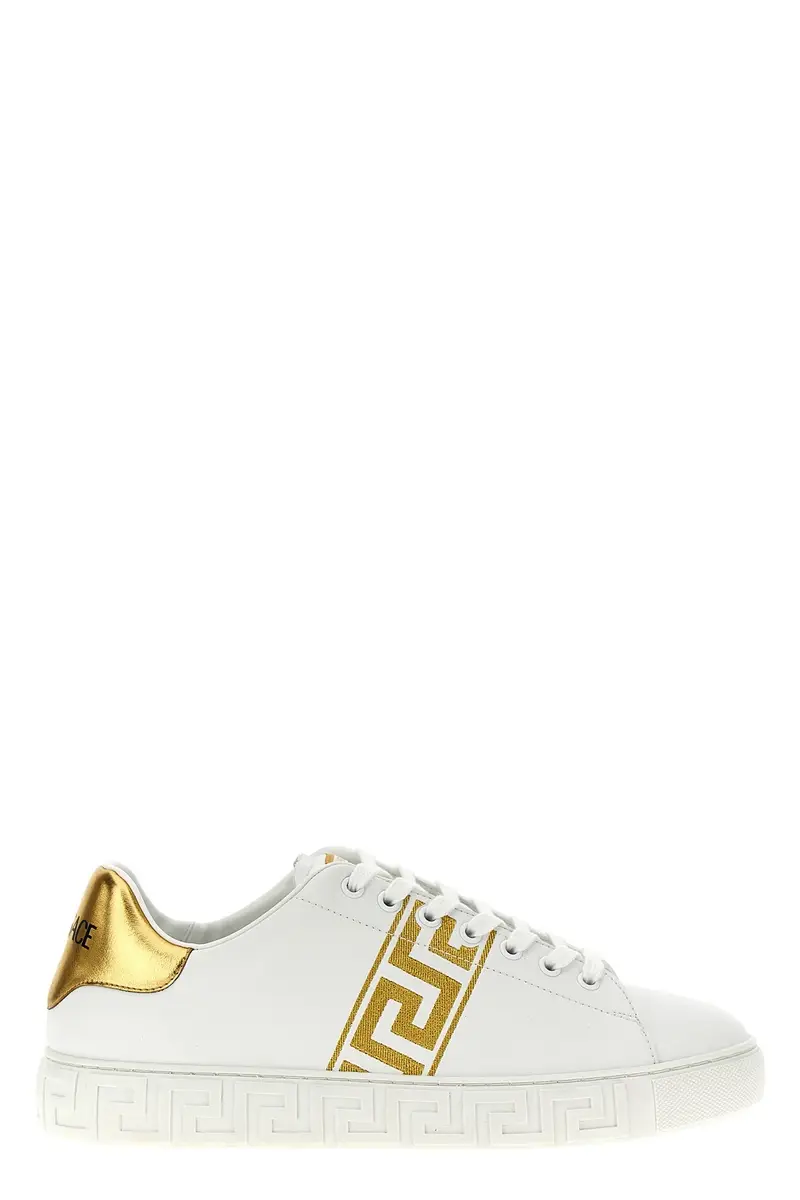 Versace Sneakers bianche e oro in pelle con ricamo Greca
