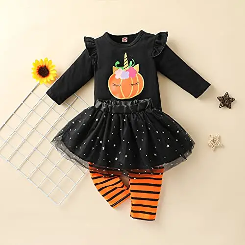 Verve Jelly Toddler Neonate Halloween Outfit Manica lunga Zucca Ruffle Top Legging Pantaloni Vestiti Set Tutu Gonna miniatura 2