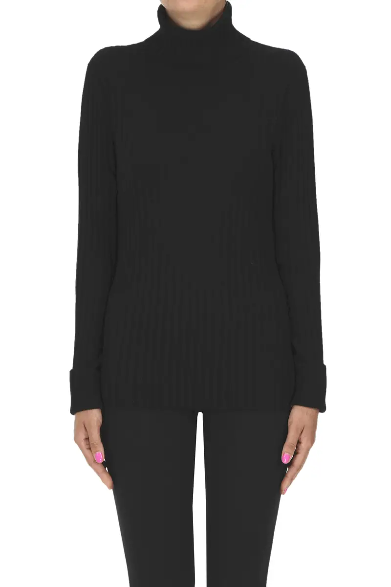 Pullover dolcevita in cashmere a costine Nero