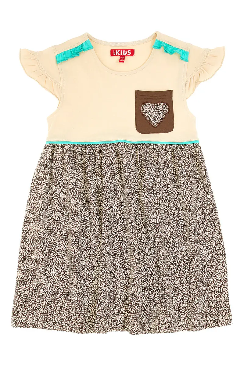 Vestito Beige con Gonna Animalier e Dettagli Azzurri PITT KIDS PT-K-SK-7003