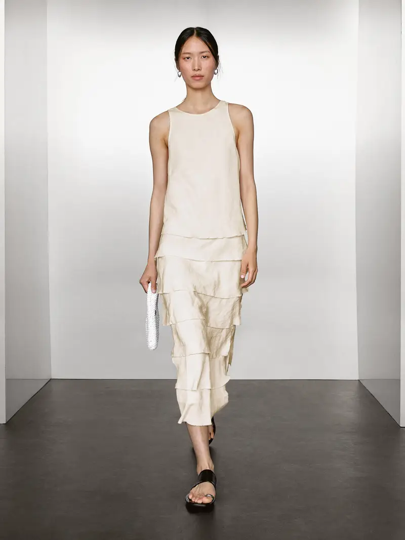 Vestito Lungo Morbido Con Volant - Ecru - Xs - Massimo Dutti - Femminile