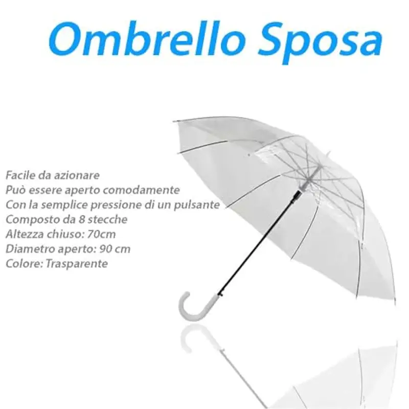 Vetrineinrete® Ombrello 8 stecche trasparente ombrellino per evento da sposa damigella Wedding richiudibile con apertura automatico a scatto miniatura 3