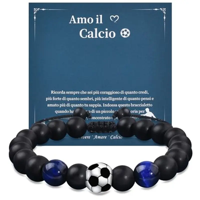 VGWON Regali Braccialetto di Calcio per Ragazzi, Regali di Compleanno e Natale per Ragazzo, Regali per Figli, Nipoti e Fratelli, Braccialetto di Calcio in Pietra Naturale 3D 186