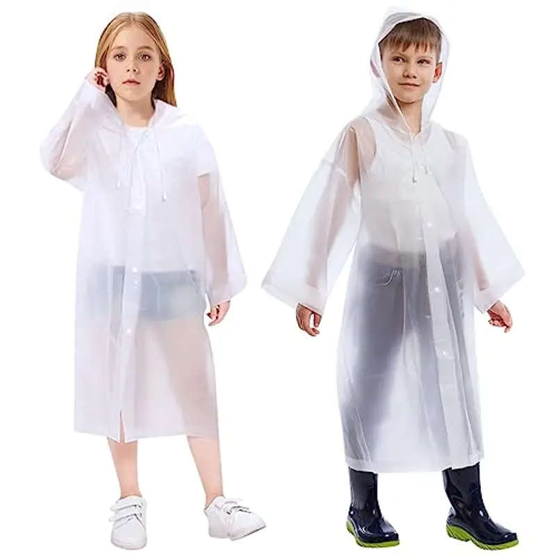 Vicloon 2Pcs Impermeabile per Bambini, Poncho da Pioggia , Giacca con Cappuccio, Riutilizzabile Eva per Ragazzi, Bianco